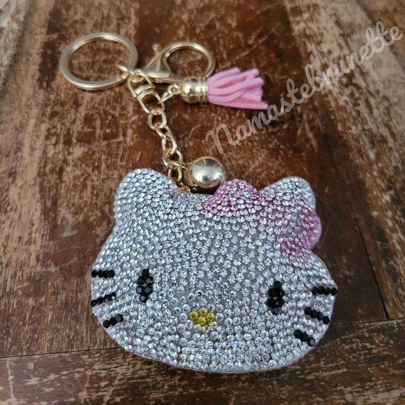 Hello Kitty Pink Bow Crystal Rhinestone Keychain Bag Charm With Tan Tass… - Picture 13 of 14